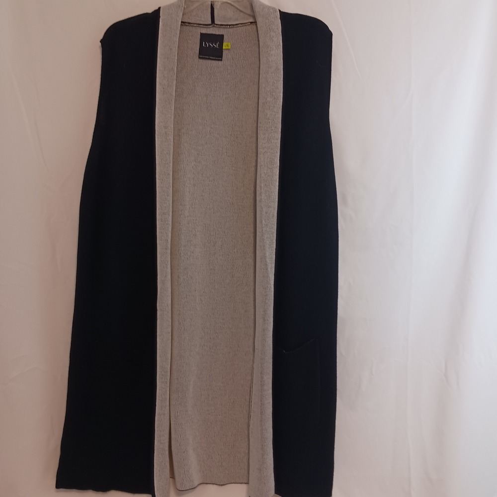 Lysse Sweater Vest Womens L/XL Black Gray Excellent Ribbed Open Front Longline